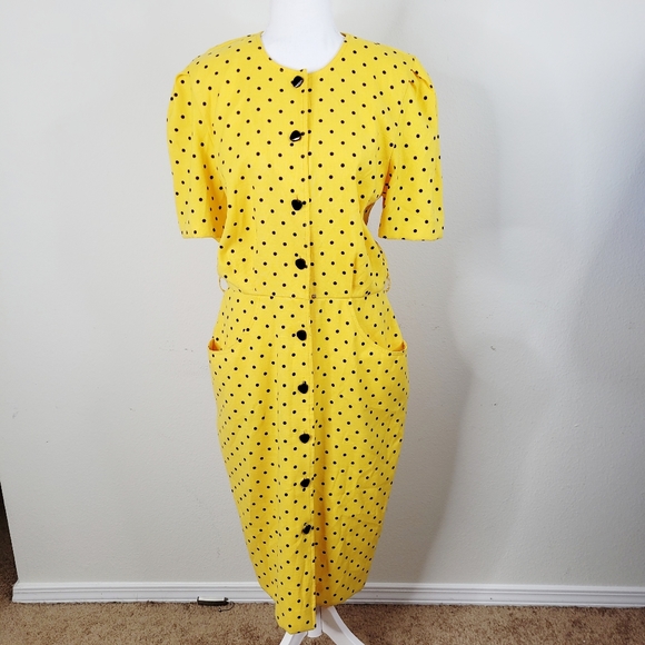 Vintage Algo Yellow and Black Button Down Pencil Dress - Picture 1 of 11
